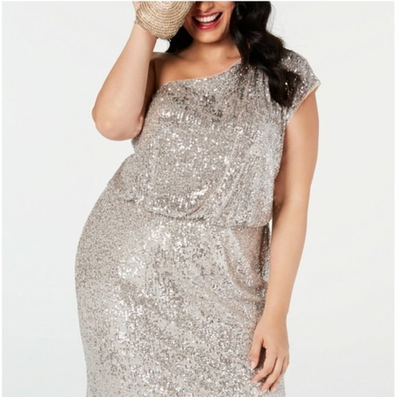 Adrianna Papell Plus Size One-Shoulder Sequined - Picture 3 of 4
